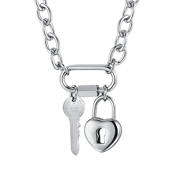 COLLIER EN ACIER POUR DAMES AVEC CLÉ ET CADENAS EN FORME DE CŒUR