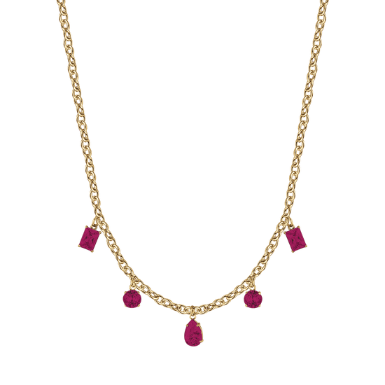 COLLIER FEMME EN ACIER DORÉ IP AVEC PENDENTIFS EN CRISTAUX FUCHSIA