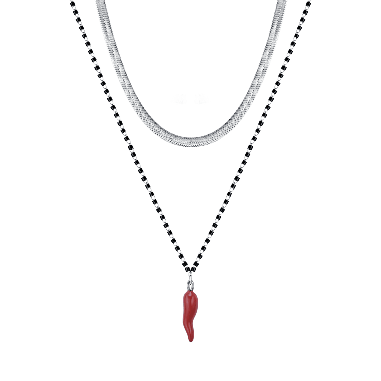 COLLIER POUR FEMME EN ACIER AVEC CORNE AVEC ÉNAMME ROUGE ET ÉLÉMENTS NOIRS Luca Barra