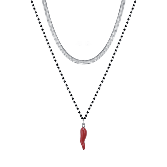 COLLIER POUR FEMME EN ACIER AVEC CORNE AVEC ÉNAMME ROUGE ET ÉLÉMENTS NOIRS Luca Barra