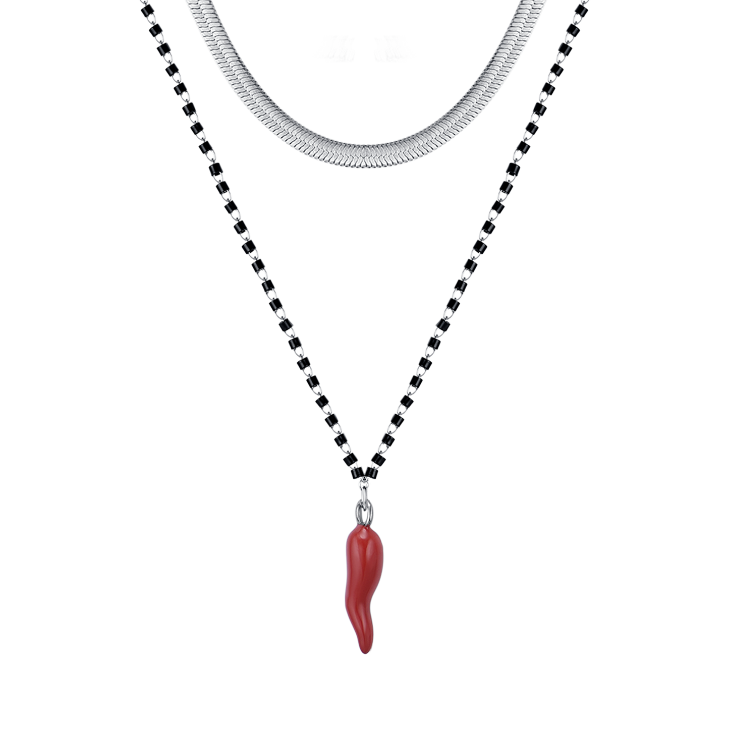 COLLIER POUR FEMME EN ACIER AVEC CORNE AVEC ÉNAMME ROUGE ET ÉLÉMENTS NOIRS Luca Barra