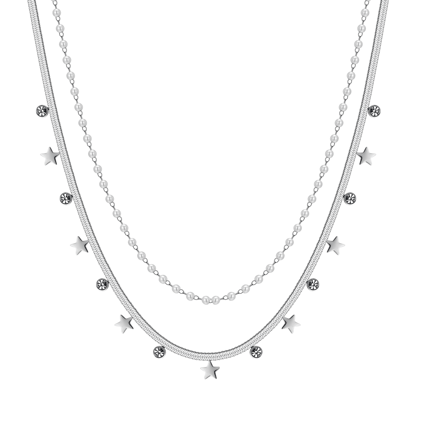 COLLIER POUR FEMME EN ACIER AVEC PERLES, ETOILES ET CRISTAUX BLANCS Luca Barra