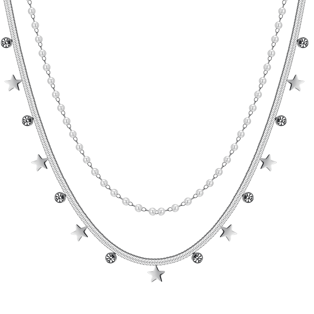 COLLIER POUR FEMME EN ACIER AVEC PERLES, ETOILES ET CRISTAUX BLANCS Luca Barra