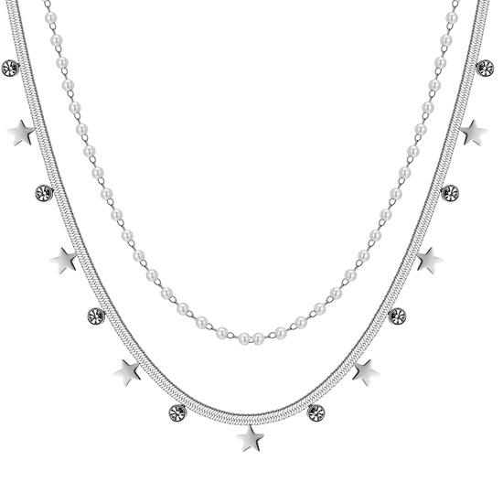 COLLIER POUR FEMME EN ACIER AVEC PERLES, ETOILES ET CRISTAUX BLANCS Luca Barra