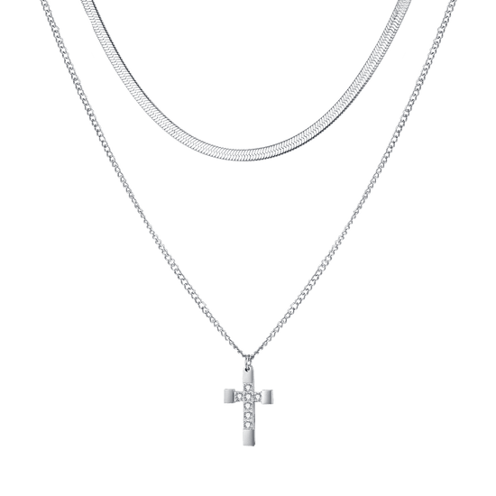 COLLIER CROIX EN ACIER POUR FEMMES AVEC CRISTAUX BLANCS
