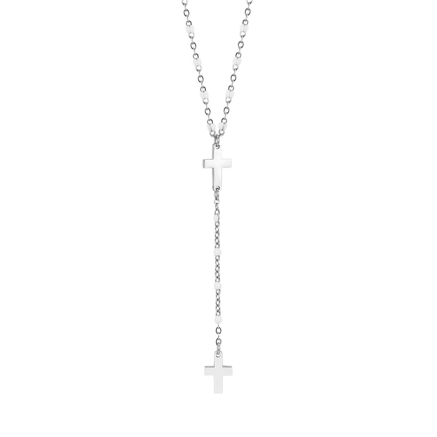 COLLIER DE CHAPELET POUR FEMMES EN ACIER AVEC CROIX ET ÉLÉMENTS BLANCS