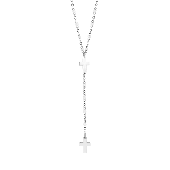 COLLIER ROSAIRE POUR FEMME EN ACIER AVEC CROIX ET ÉLÉMENTS BLANCS Luca Barra