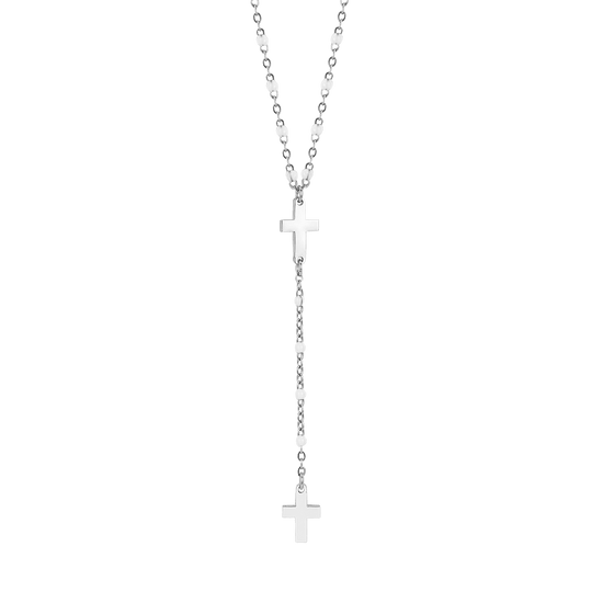 COLLIER DE CHAPELET POUR FEMMES EN ACIER AVEC CROIX ET ÉLÉMENTS BLANCS
