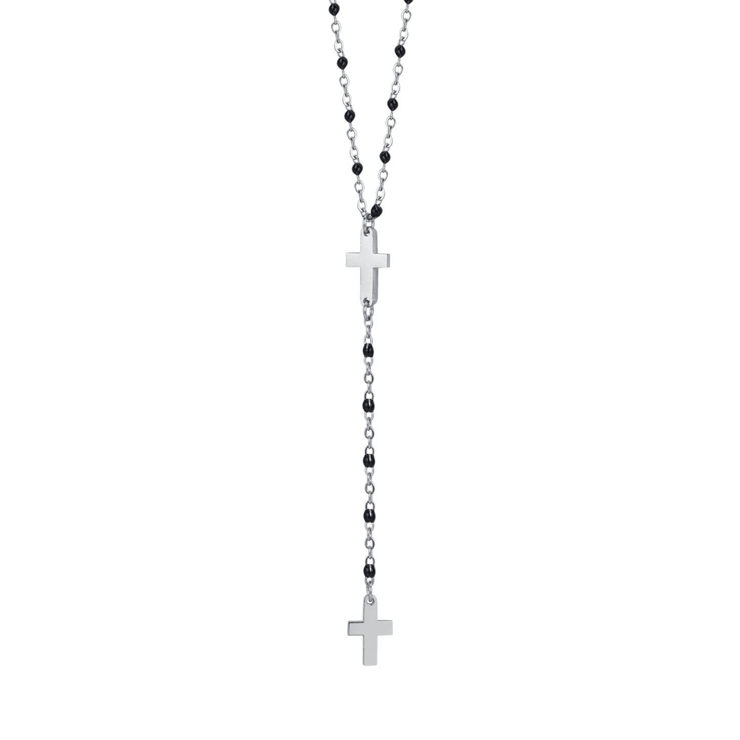 COLLIER DE CHAPELET POUR FEMMES EN ACIER AVEC CROIX ET ÉLÉMENTS NOIRS