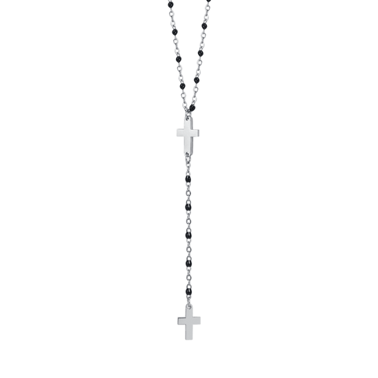 COLLIER DE CHAPELET POUR FEMMES EN ACIER AVEC CROIX ET ÉLÉMENTS NOIRS