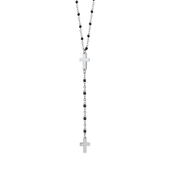 COLLIER ROSAIRE POUR FEMME EN ACIER AVEC CROIX ET ÉLÉMENTS NOIRS Luca Barra