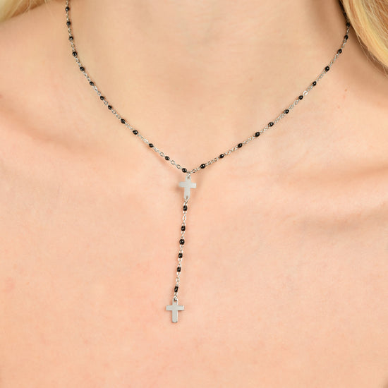 COLLIER DE CHAPELET POUR FEMMES EN ACIER AVEC CROIX ET ÉLÉMENTS NOIRS