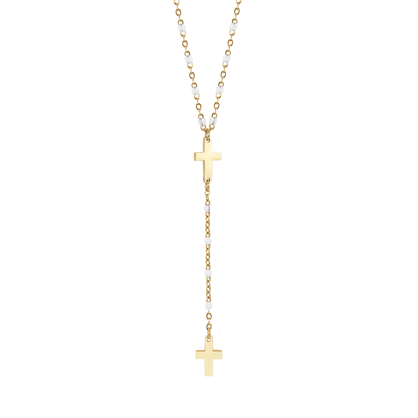 COLLIER DE CHAPELET POUR FEMMES EN ACIER DORÉ AVEC CROIX ET ÉLÉMENTS BLANCS