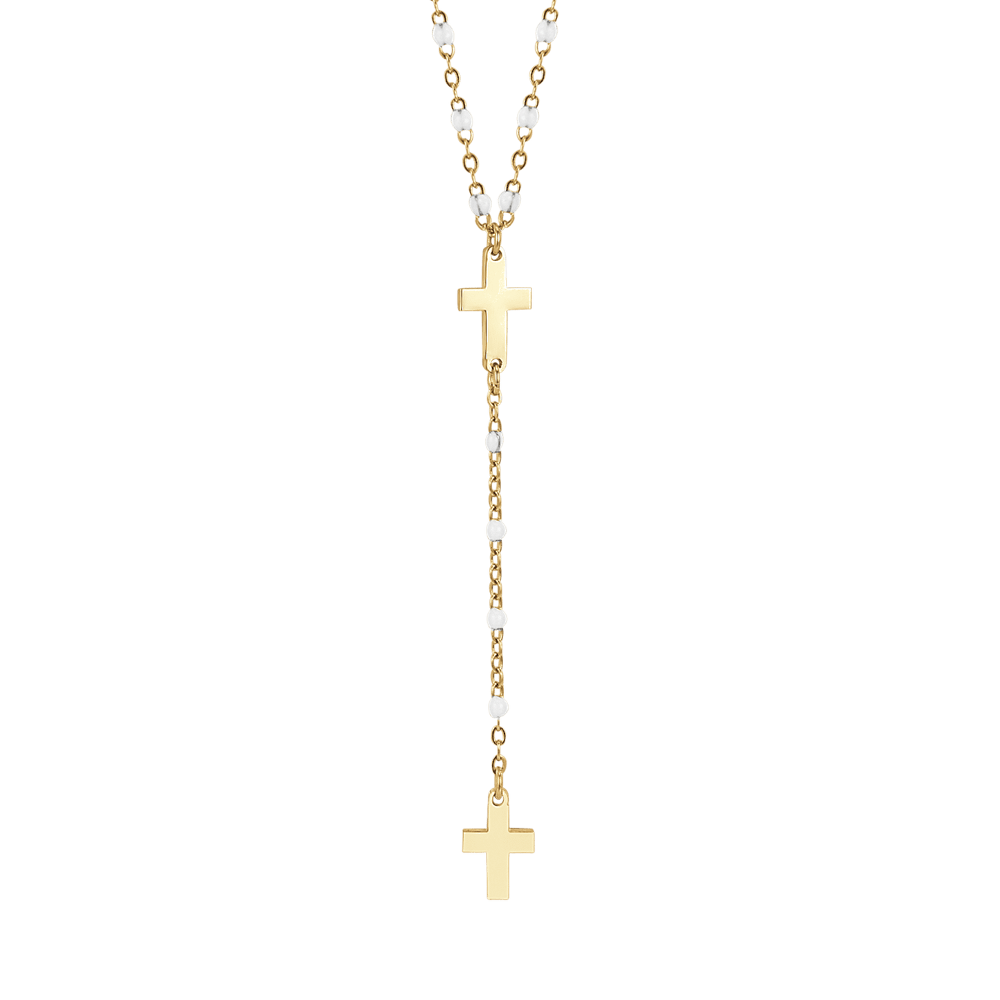 COLLIER DE CHAPELET POUR FEMMES EN ACIER DORÉ AVEC CROIX ET ÉLÉMENTS BLANCS