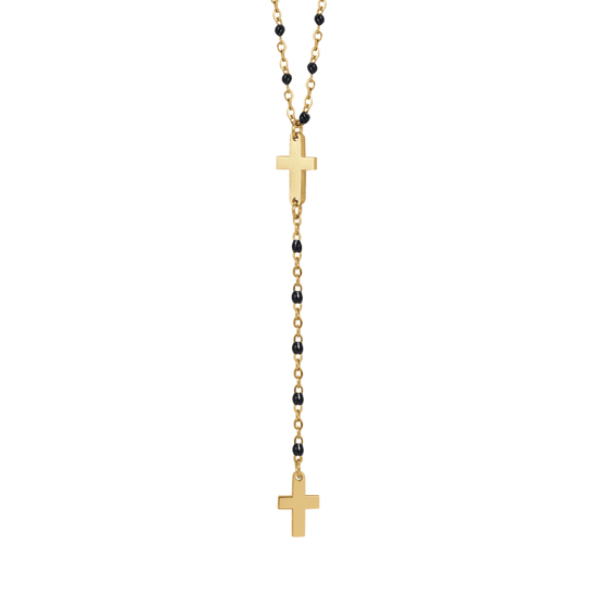 COLLIER ROSAIRE POUR FEMME EN ACIER AVEC CROIX ET ÉLÉMENTS NOIRS Luca Barra