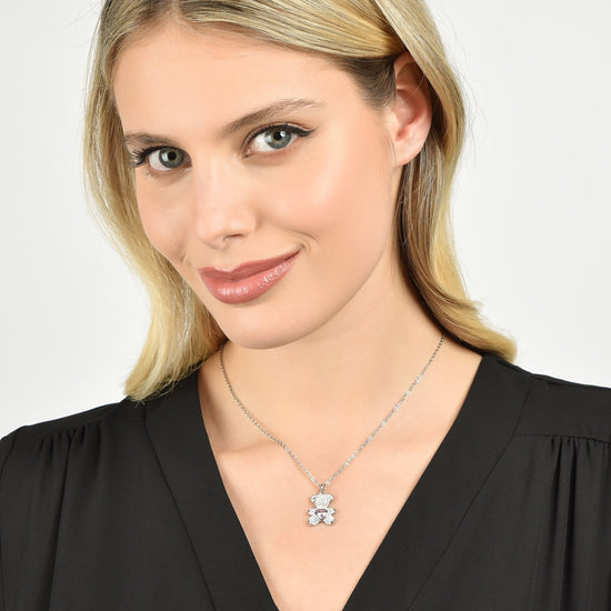 COLLIER EN ACIER POUR FEMMES AVEC OURSON EN PELUCHE AVEC CRISTAUX ROSES ET BLANCS