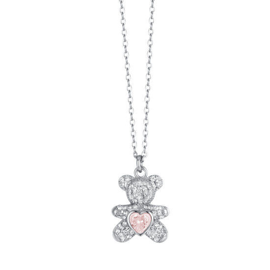 COLLIER EN ACIER POUR FEMMES AVEC OURSON EN PELUCHE AVEC CRISTAUX ROSES ET BLANCS