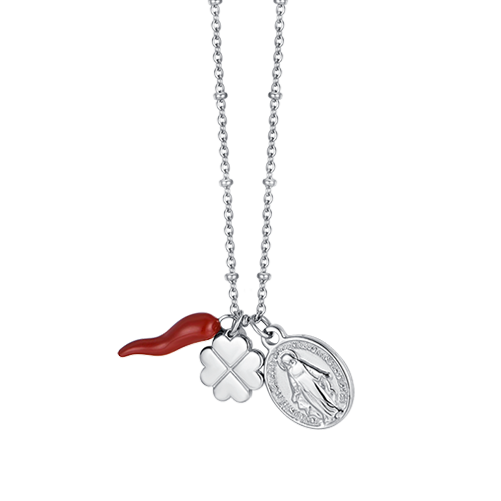 COLLIER EN ACIER POUR FEMMES AVEC BRELOQUE TRÈFLE À QUATRE FEUILLES, CORNE ET MADONE