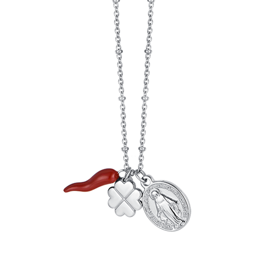 COLLIER EN ACIER POUR FEMMES AVEC BRELOQUE TRÈFLE À QUATRE FEUILLES, CORNE ET MADONE