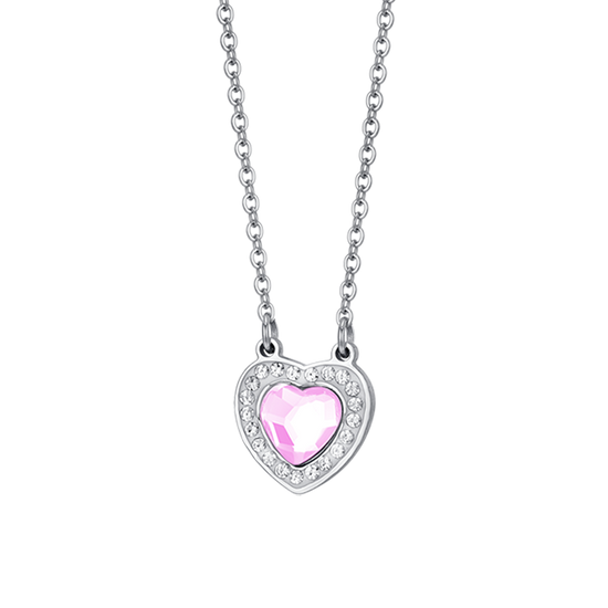 COLLIER DE CŒUR EN ACIER AVEC CRISTAUX ROSES ET BLANCS POUR FEMMES