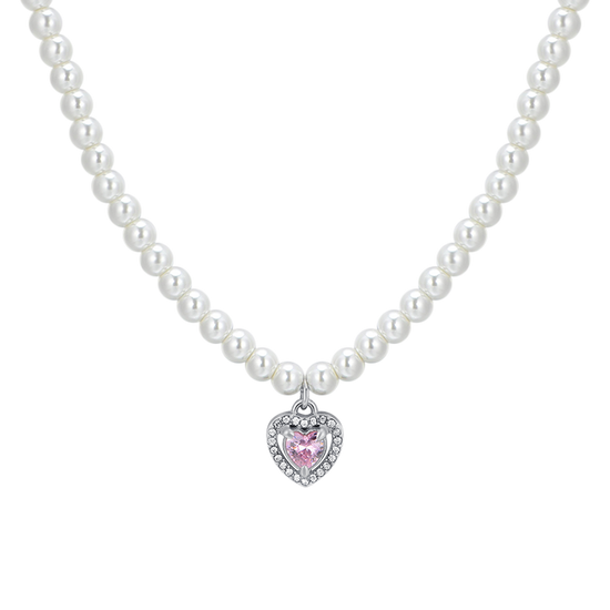 COLLANA DONNA IN ACCIAIO PERLE E CUORE ZIRCONE ROSA