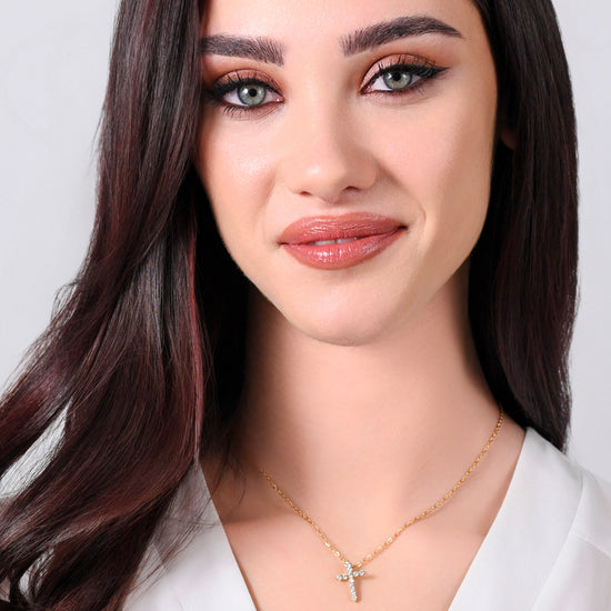 COLLIER ACIER IP OR CROIX ZIRCON BLANC