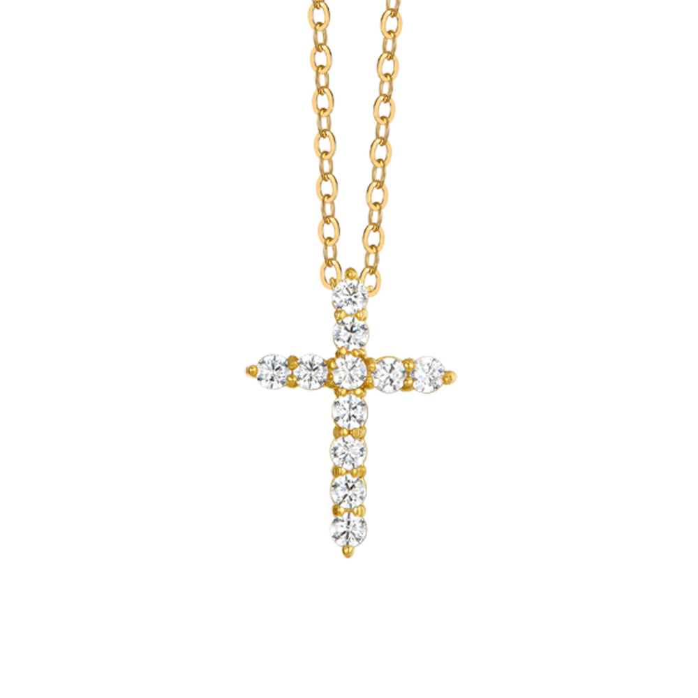 COLLIER ACIER IP OR CROIX ZIRCON BLANC