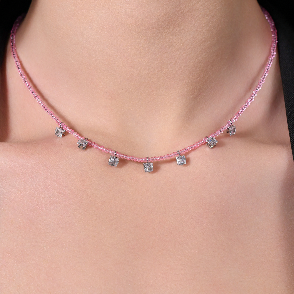 COLLANA DONNA IN ACCIAIO CRISTALLI ROSA E ZIRCONI BIANCHI Luca Barra