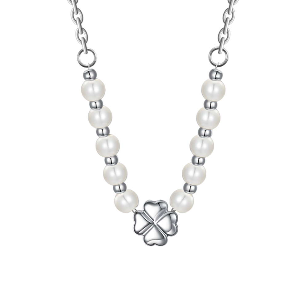 COLLANA DONNA CON QUADRIFOGLIO IN ACCIAIO E PERLE BIANCHE