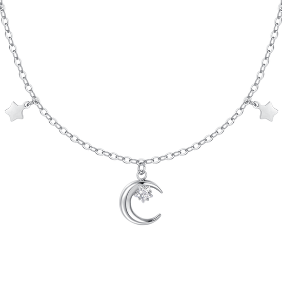 COLLANA DONNA IN ACCIAIO, LUNA CON ZIRCONE BIANCO E STELLE