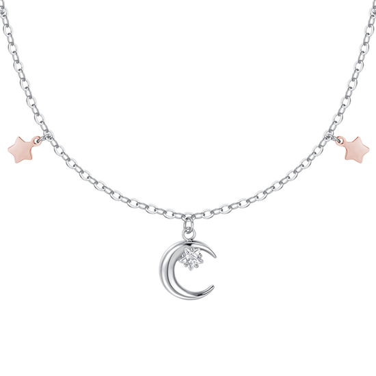 COLLANA DONNA IN ACCIAIO, LUNA CON ZIRCONE BIANCO E STELLE