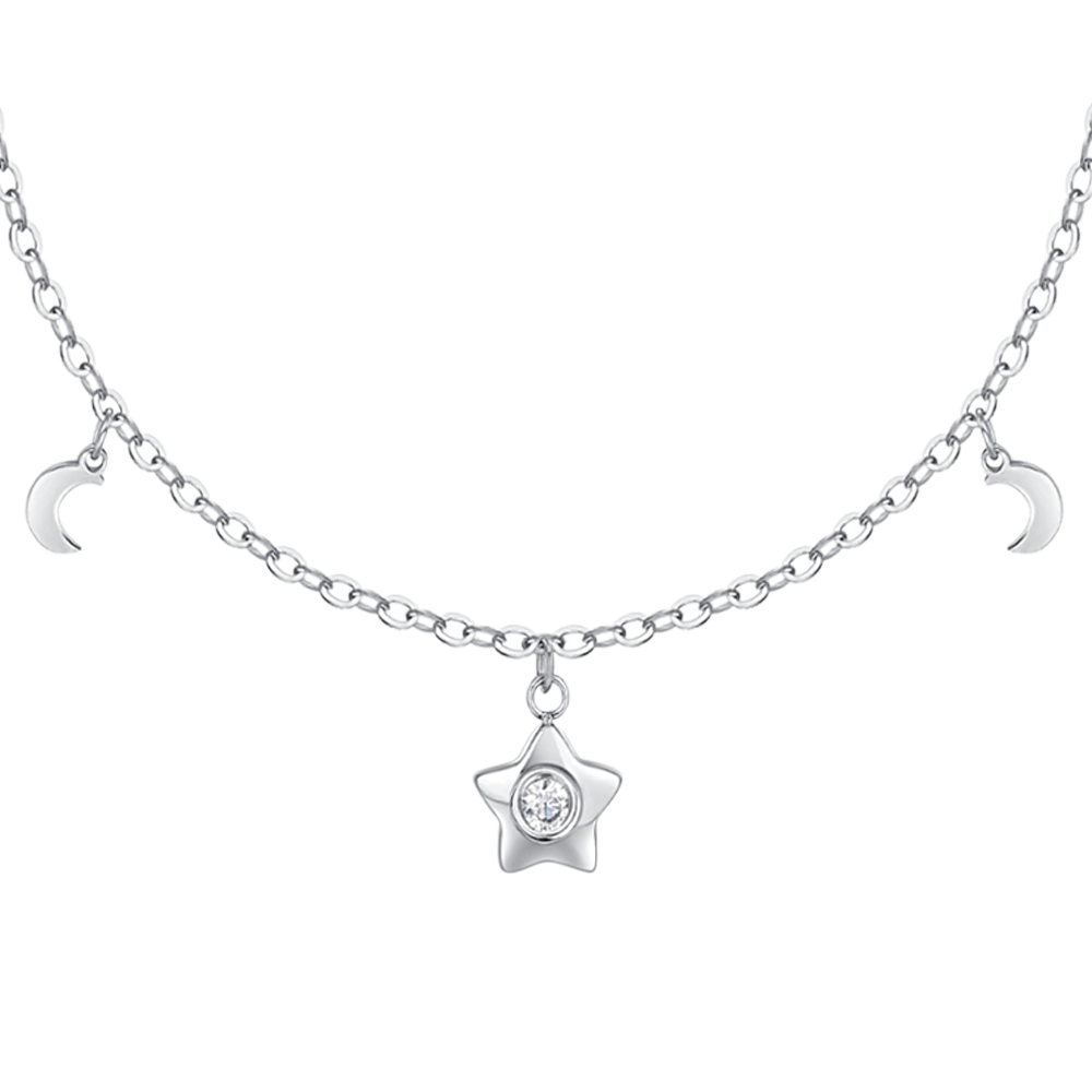 COLLANA DONNA IN ACCIAIO, STELLA CON ZIRCONE BIANCO, LUNE E STELLE