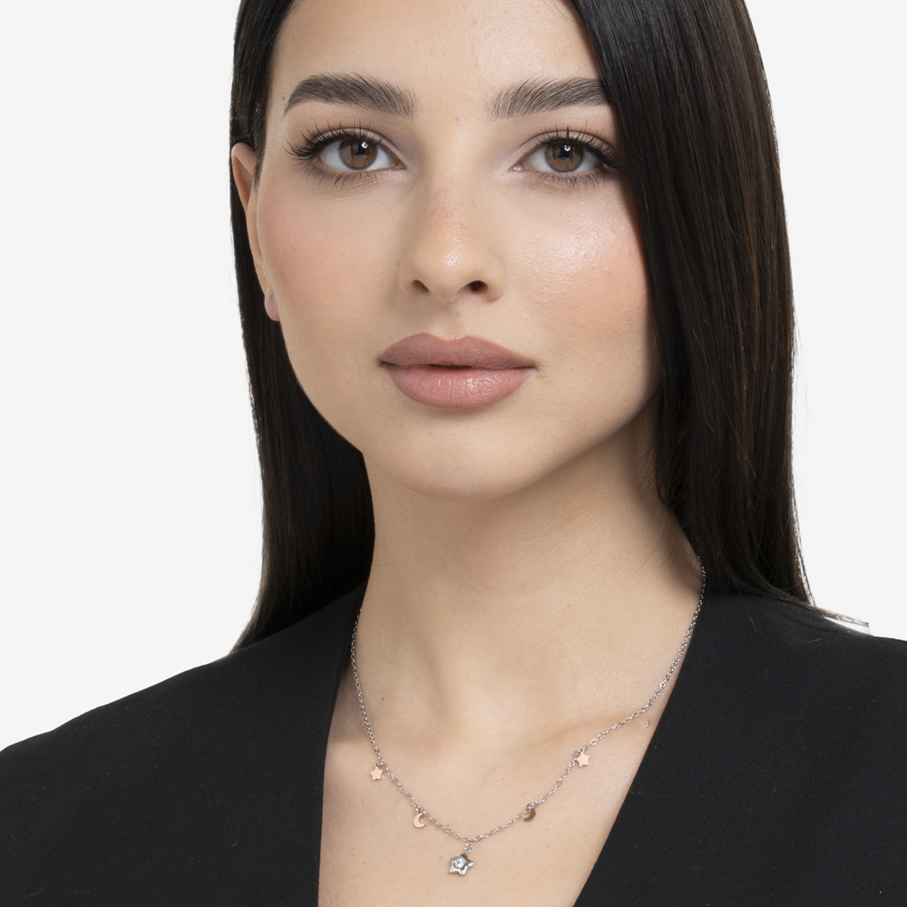 COLLANA DONNA IN ACCIAIO, STELLA CON ZIRCONE BIANCO, LUNE E STELLE IP ROSE