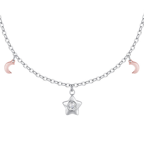 COLLANA DONNA IN ACCIAIO, STELLA CON ZIRCONE BIANCO, LUNE E STELLE IP ROSE