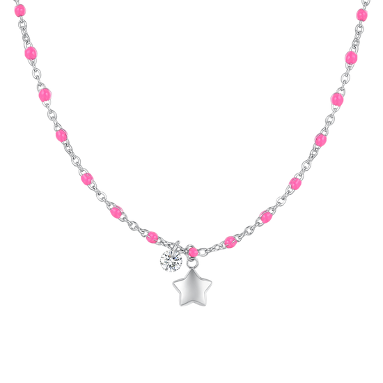 COLLANA DONNA IN ACCIAIO CON STELLA, CRTISTALLO E PIETRE CON SMALTO FUCSIA