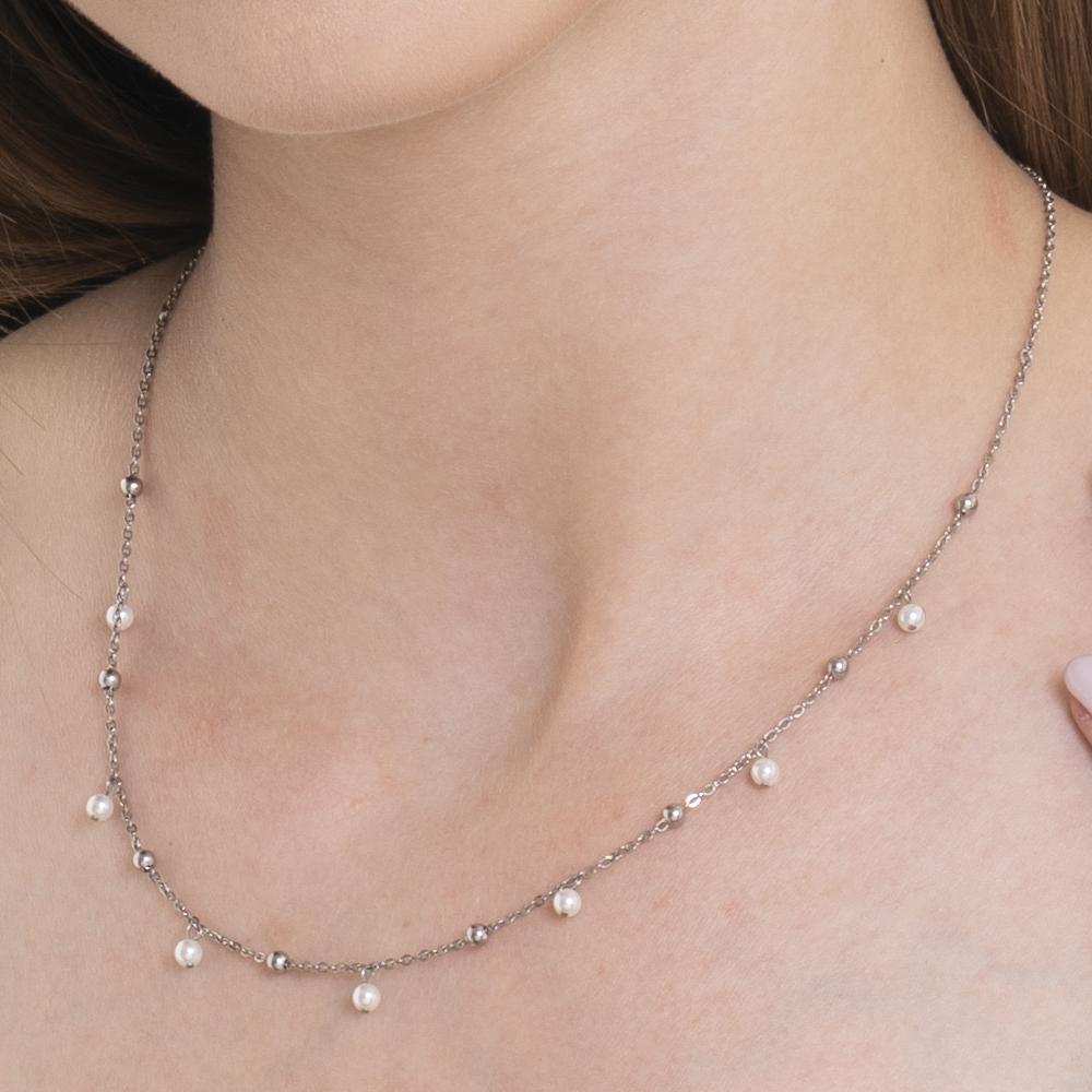 COLLIER FEMME EN ACIER AVEC PERLES BLANCHES