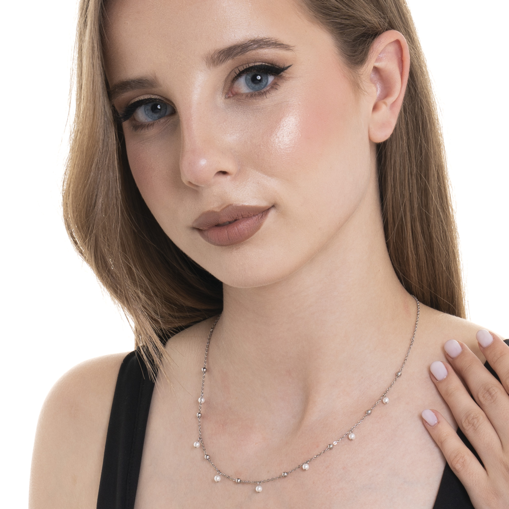 COLLIER FEMME EN ACIER AVEC PERLES BLANCHES