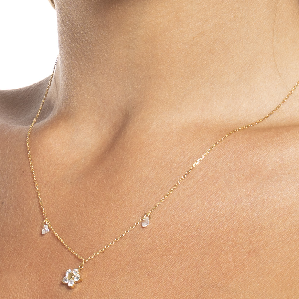 COLLANA DONNA IN ACCIAIO CON PENDENTE FIORE CON E PETALI ZICONE BIANCO COLORE OR