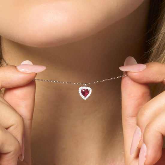 COLLANA DONNA IN ACCIAIO CON CUORE CON ZIRCONI ROSSI E BIANCHI