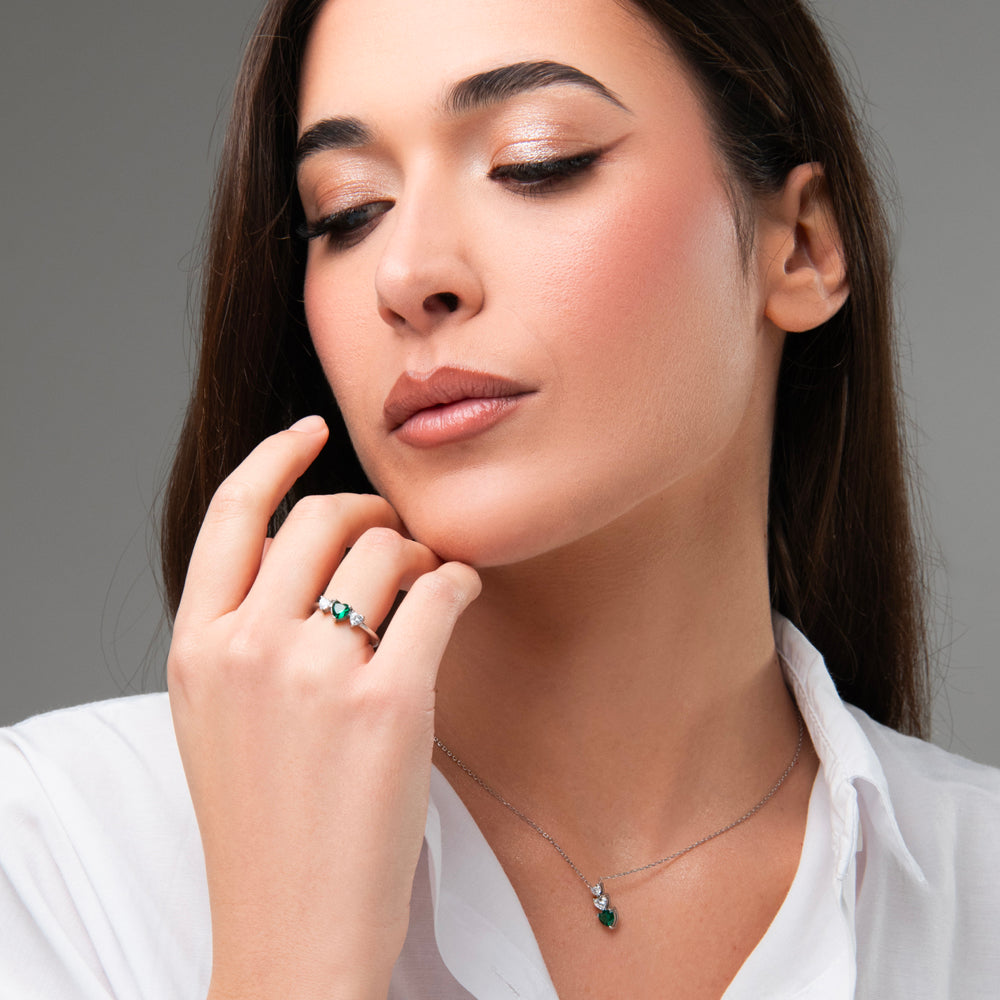 COLLANA DONNA IN ACCIAIO CON CUORI CON ZIRCONI BIANCHI E VERDI