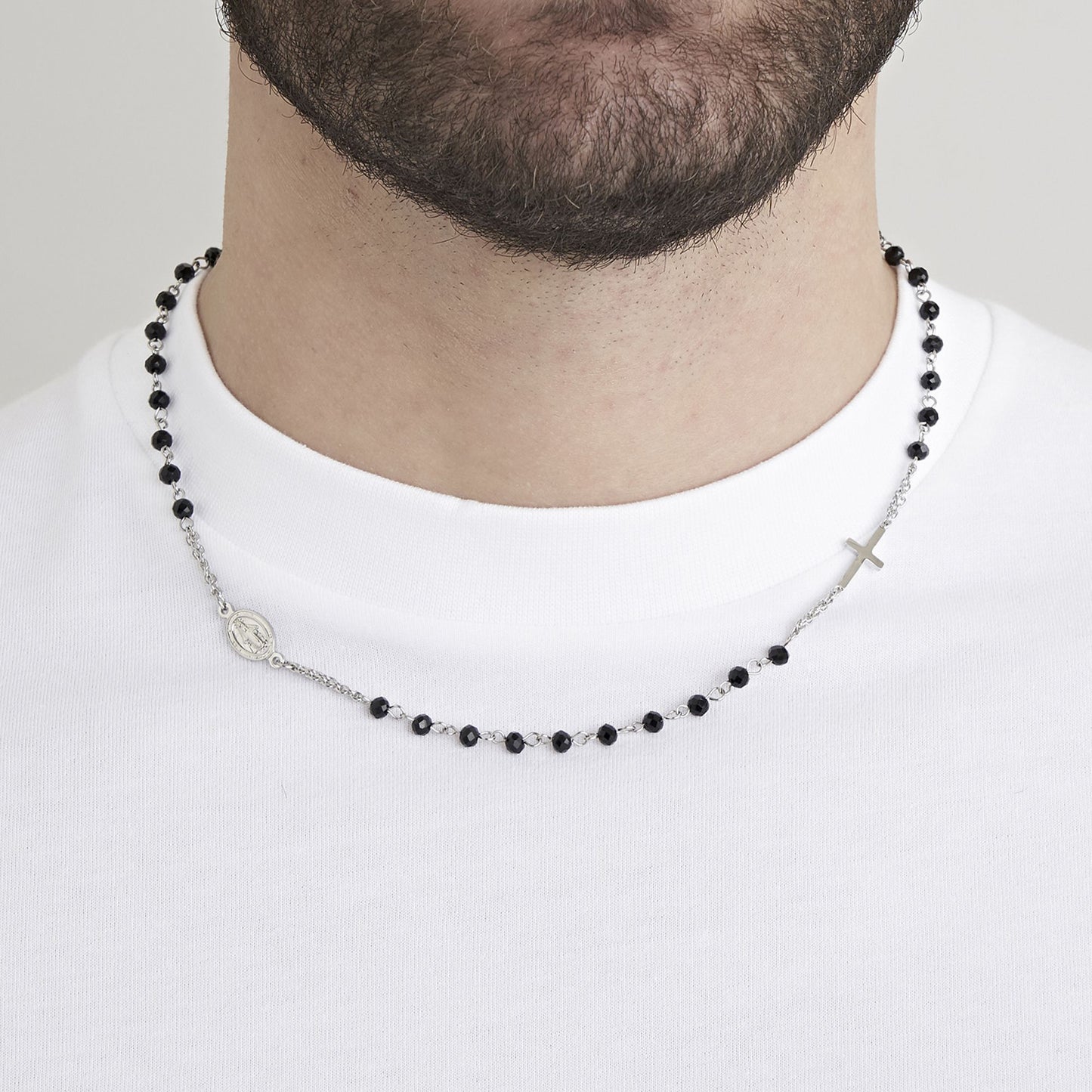 COLLIER ROSAIRE POUR HOMME EN ACIER AVEC CRISTAUX NOIRS Luca Barra