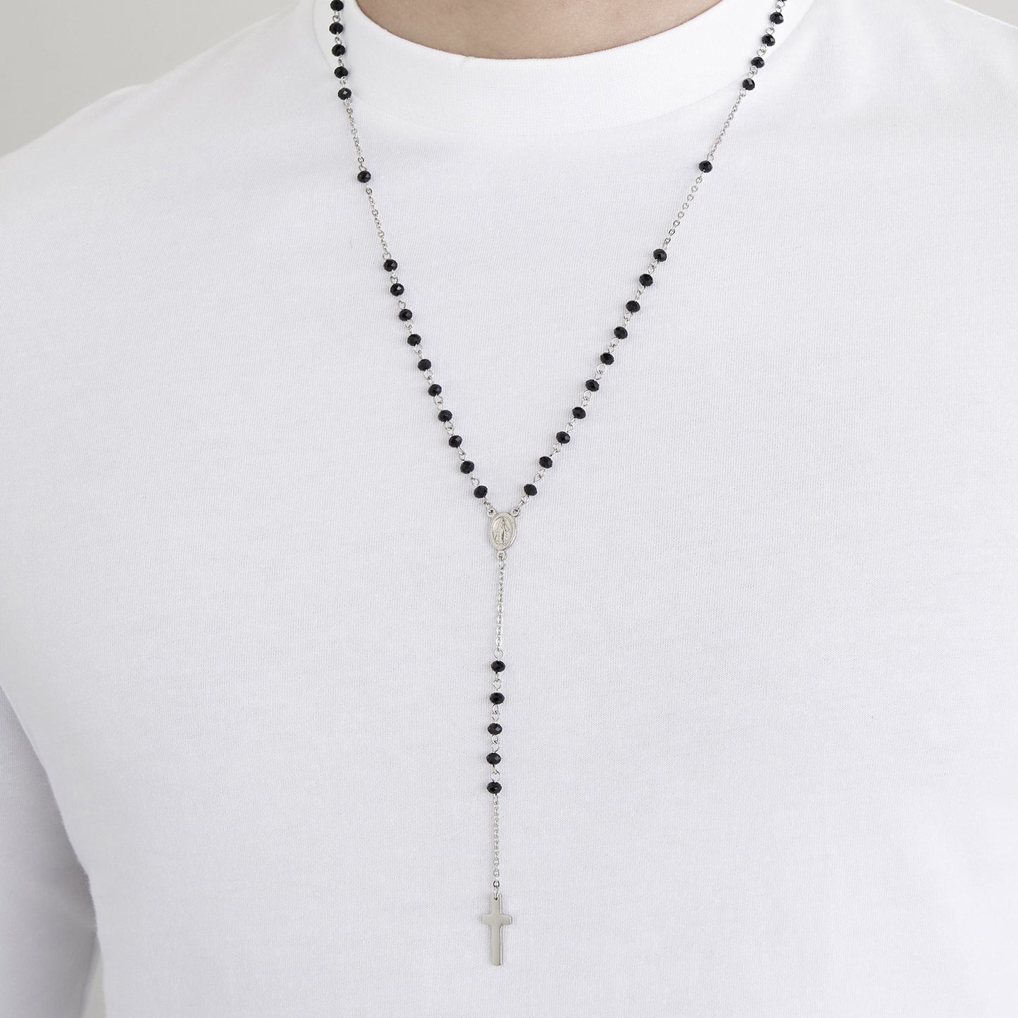 COLLIER ROSAIRE POUR HOMME EN ACIER AVEC CRISTAUX NOIRS ET PENDANT Luca Barra