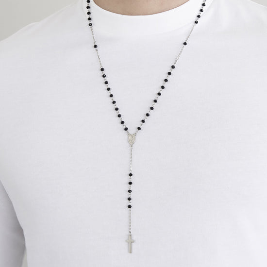 COLLIER ROSAIRE POUR HOMME EN ACIER AVEC CRISTAUX NOIRS ET PENDANT Luca Barra