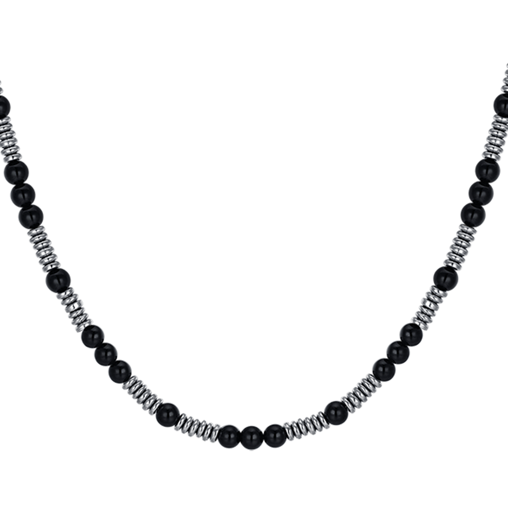 COLLIER HOMME EN ACIER AVEC PIERRES NOIRES ET ELEMENTS EN ACIER Luca Barra