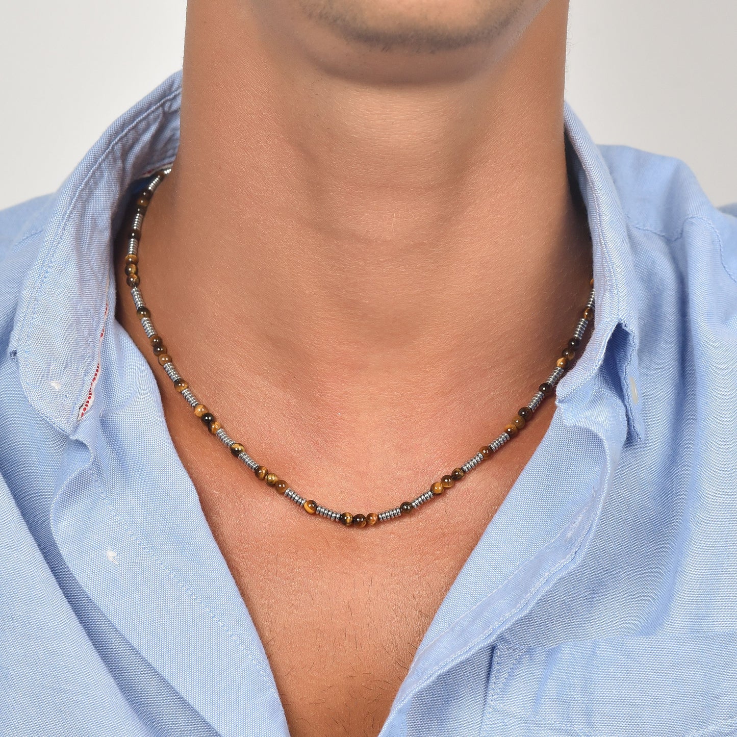 COLLIER EN ACIER POUR HOMME AVEC PIERRES EN ŒIL DE TIGRE ET ÉLÉMENTS EN ACIER Luca Barra