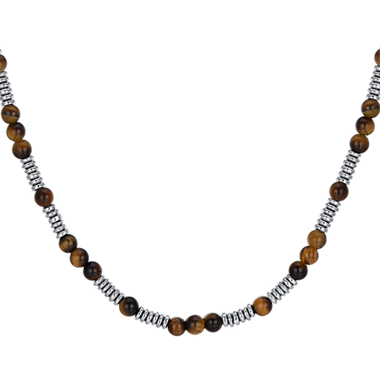 COLLIER HOMME EN ACIER AVEC PIERRES EN OEIL DE TIGRE ET ÉLÉMENTS EN ACIER