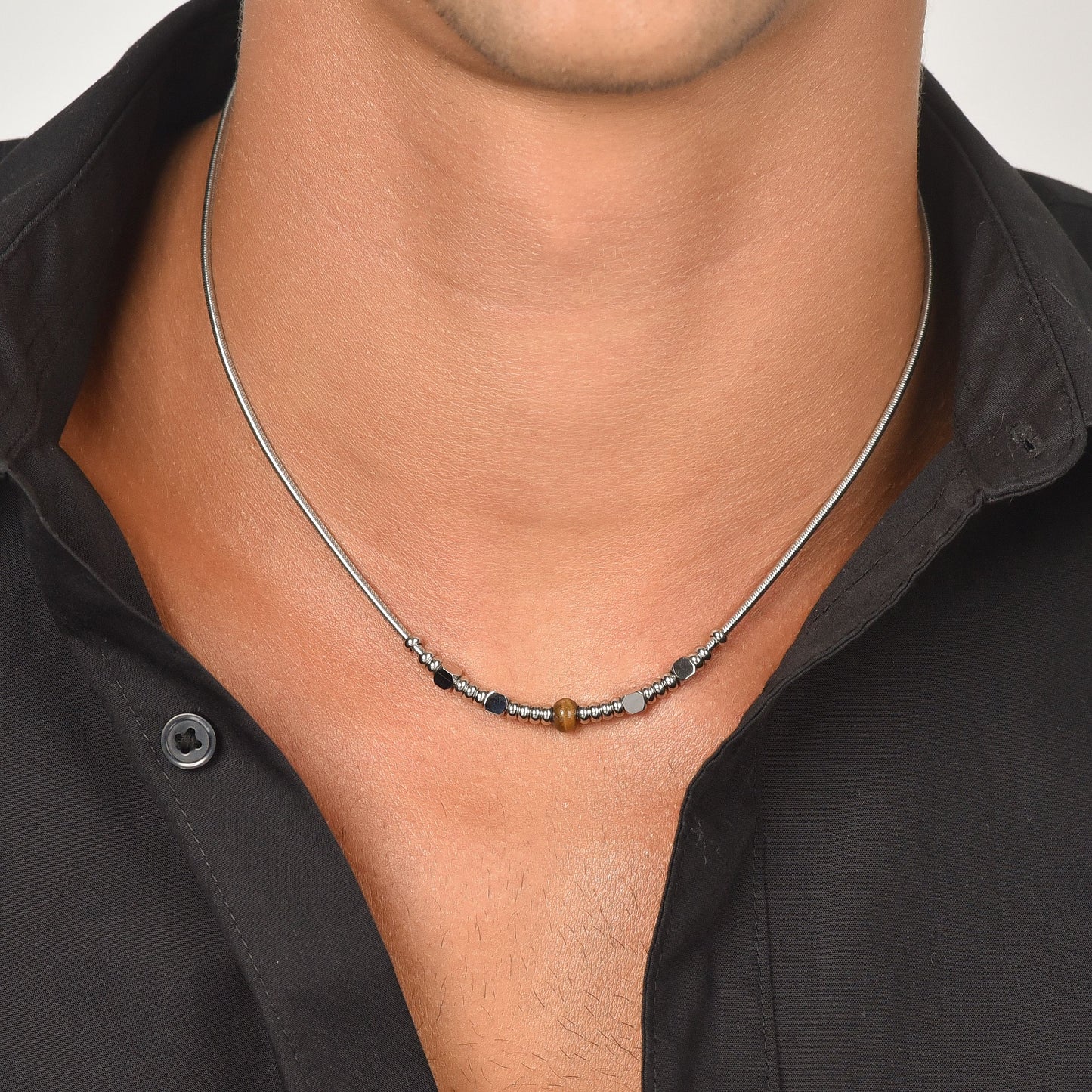 COLLIER HOMME EN ACIER AVEC PIERRES EN ŒIL DE TIGRE Luca Barra