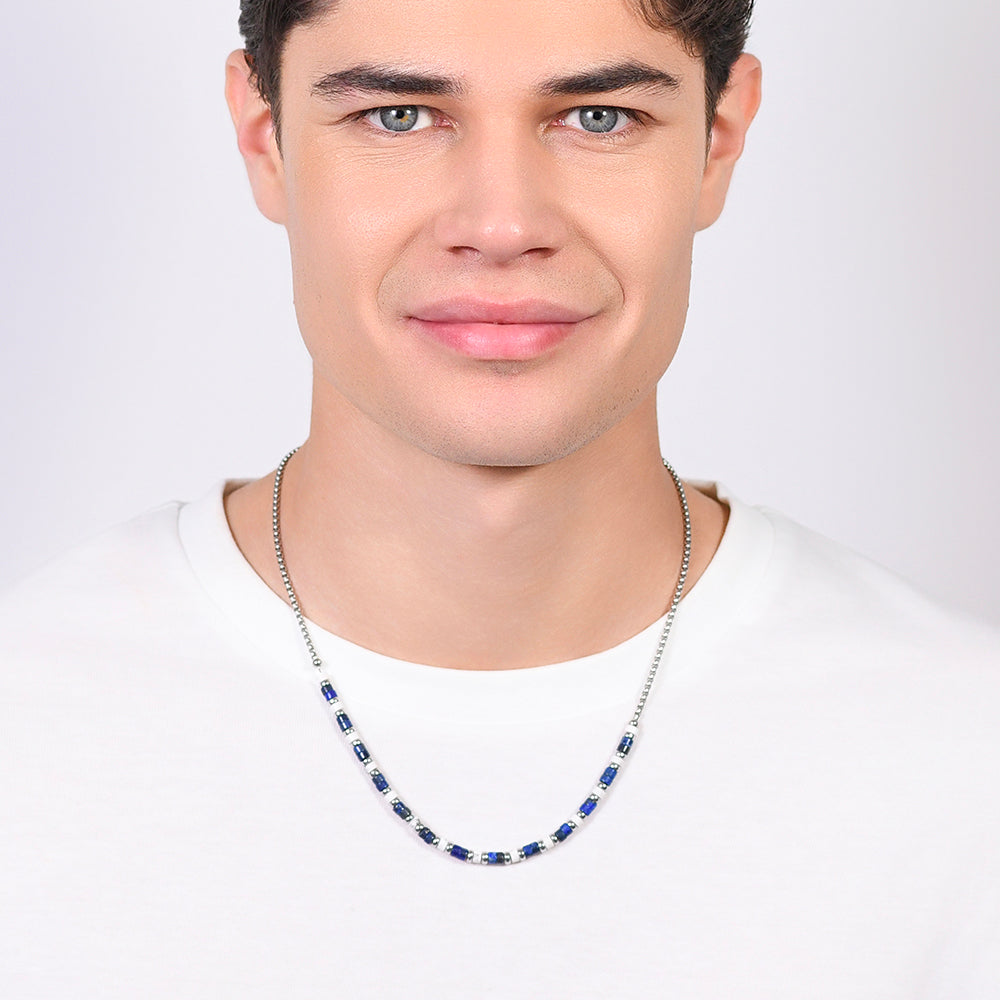 COLLIER HOMME EN ACIER LAPIS ET PIERRES BLANCHES