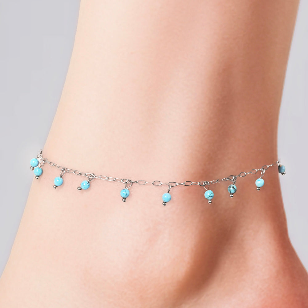 BRACELET DE CHEVILLE EN ACIER POUR FEMMES, PIERRES TURQUOISES