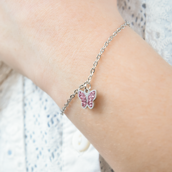 BRACELET POUR ENFANTS EN ACIER AVEC CRISTAUX PAPILLON ET ROSE Luca Barra